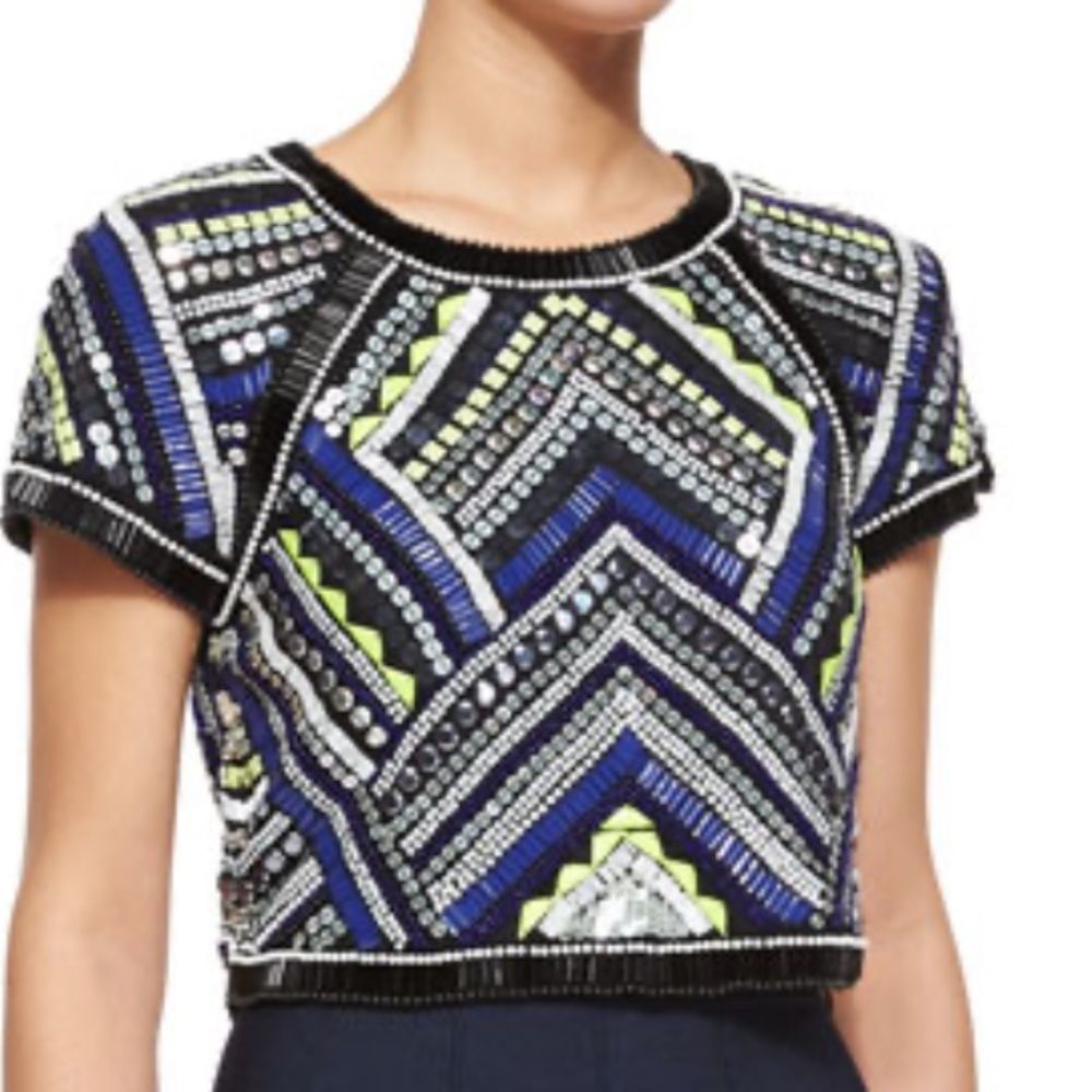 Parker Short-Sleeve Beaded Bora Cropped Top, Polaris